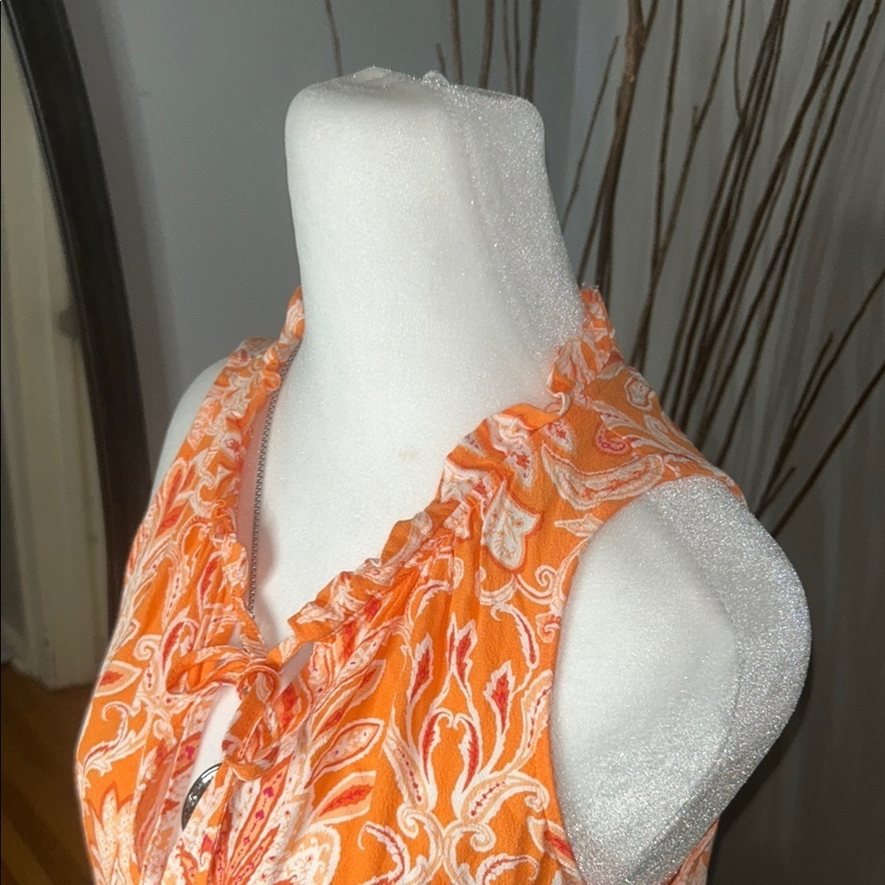 3x20 LOFT Orange and White Sleeveless Ruffled Tie Front Blouse - Picture 6 of 9